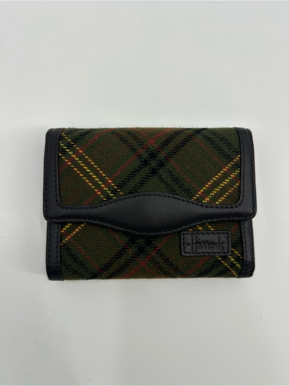 NWT Vintage Harrods Green Plaid Trifold Wallet with Leather Trim